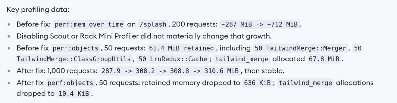 Derailed benchmark results showing memory retained by TailwindMerge.