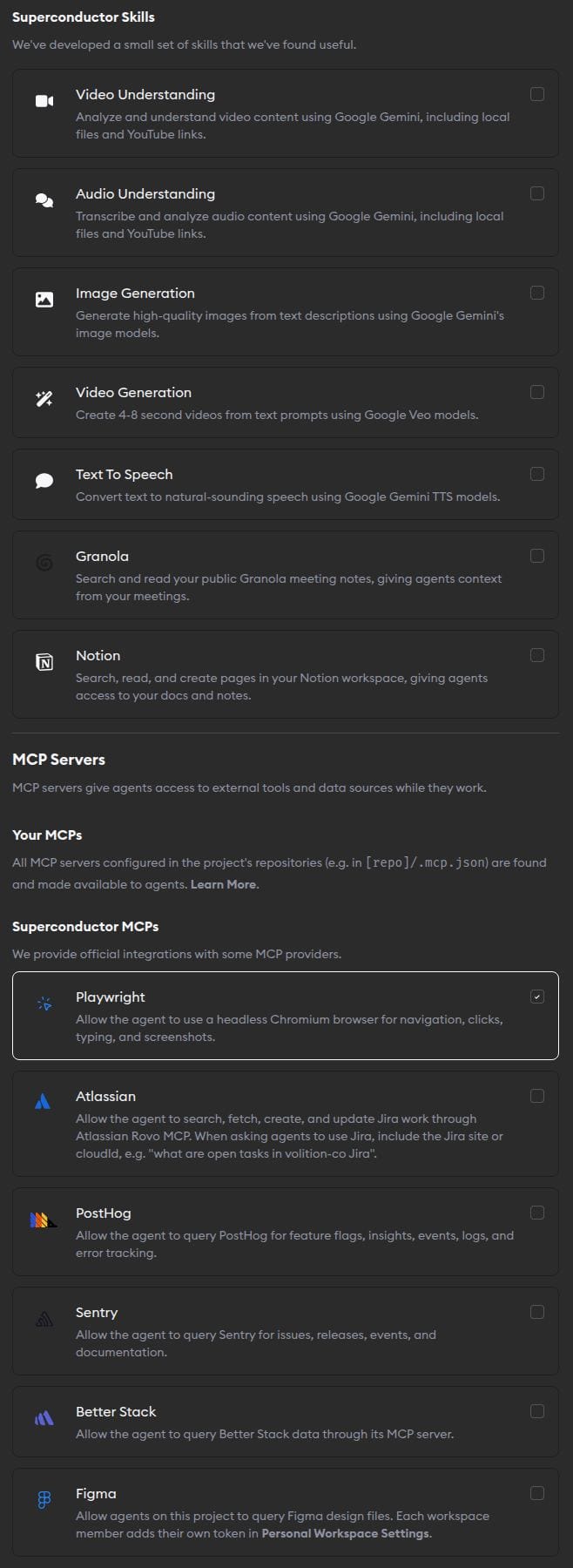Skills and MCPs overview in Project Settings showing Superconductor Skills and MCP Servers